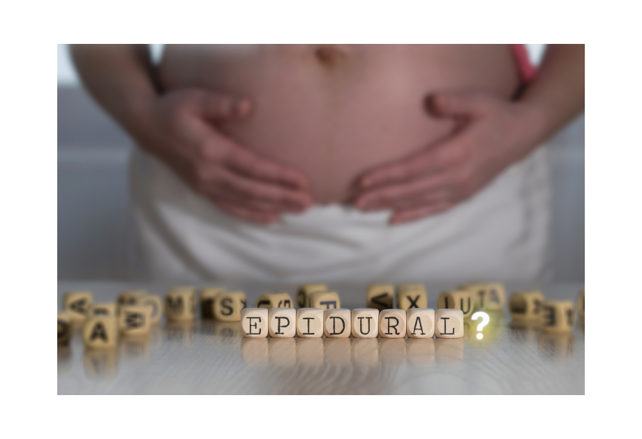 blocks that spell out "epidural" with a pregnant belly in the background